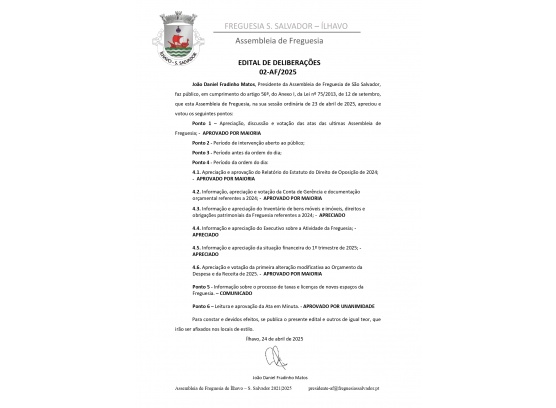 EDITAL DE DELIBERAÇÕES - ASSEMBLEIA DE FREGUESIA DE ABRIL 2025